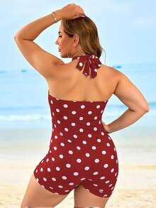 Swim Lushoire Đồ bơi liền thân một mảnh in họa tiết chấm bi hai màu cỡ lớn cho nữ, dây buộc chéo phía trước xếp ly, thanh lịch, mặc thường ngày, đi nghỉ ở bãi biển - Đỏ - Xem 2