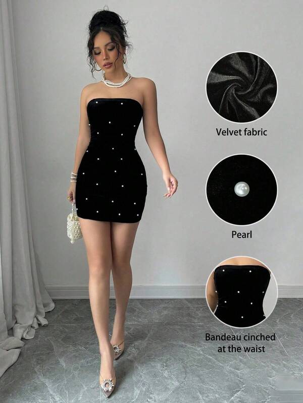 Selianne Vestido elegante y romántico de terciopelo negro sin tirantes con perlas en la cintura para mujer, disfraz de Halloween