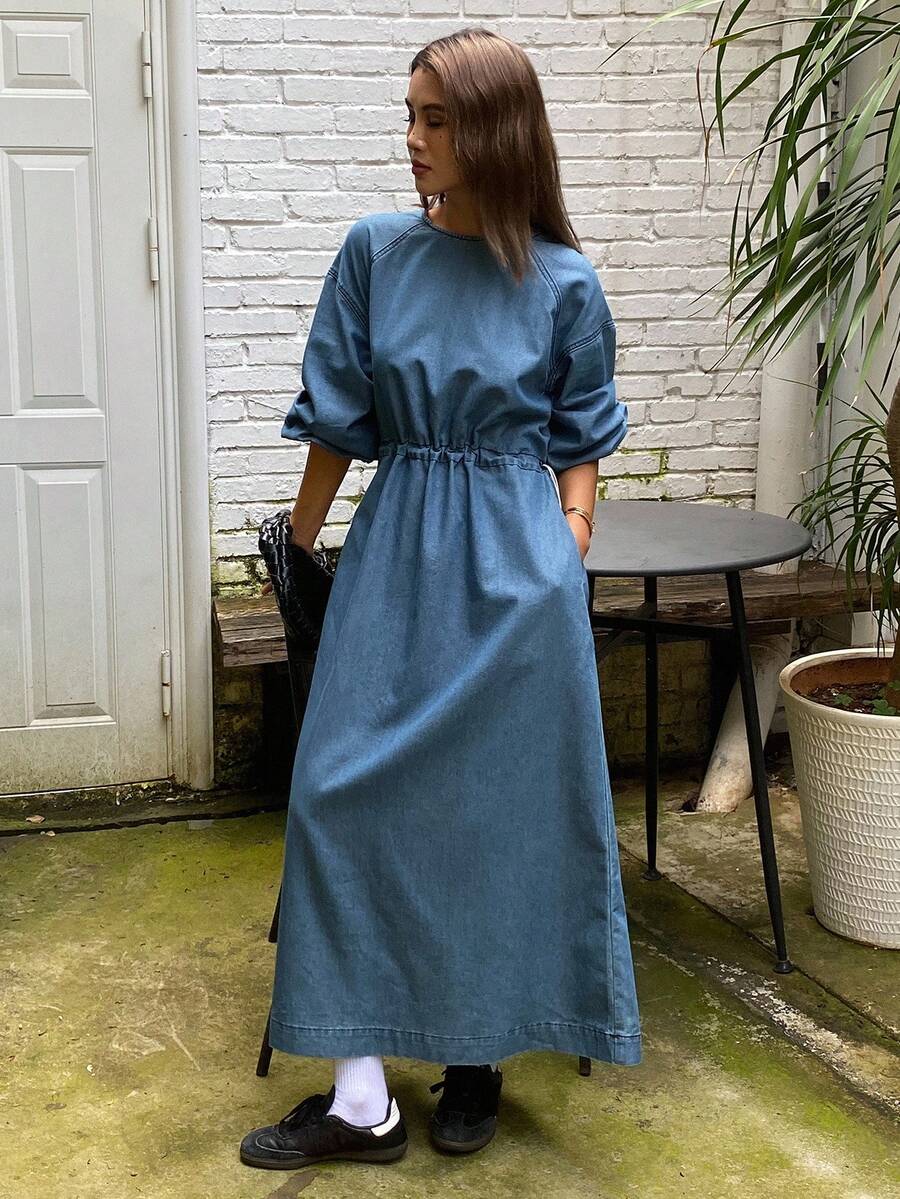 DAZY Women's Round Neck Cinched Waist Casual Denim Dress - Blue - View 1