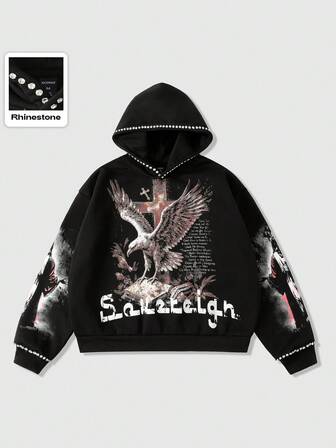 Street Life Herren Hoodie mit funkelndem Diamant-Kreuz-Grafik-Muster, locker geschnittener Crop-Stil, Herbst