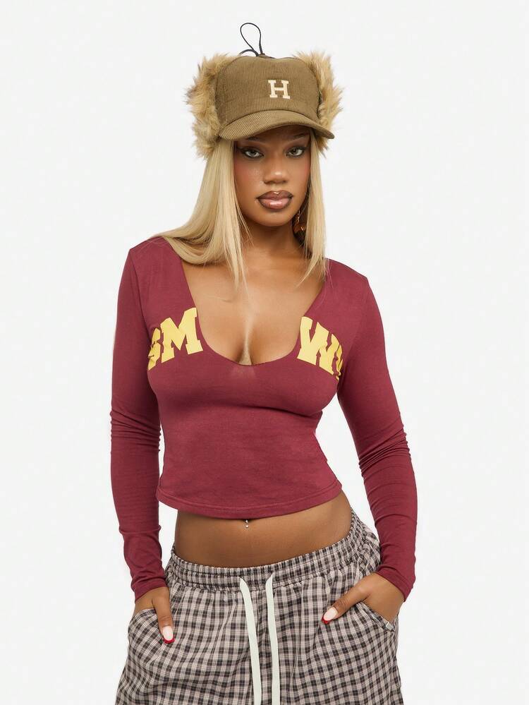 SUMWON WOMEN Long Sleeve Printed Scoop Neck Top