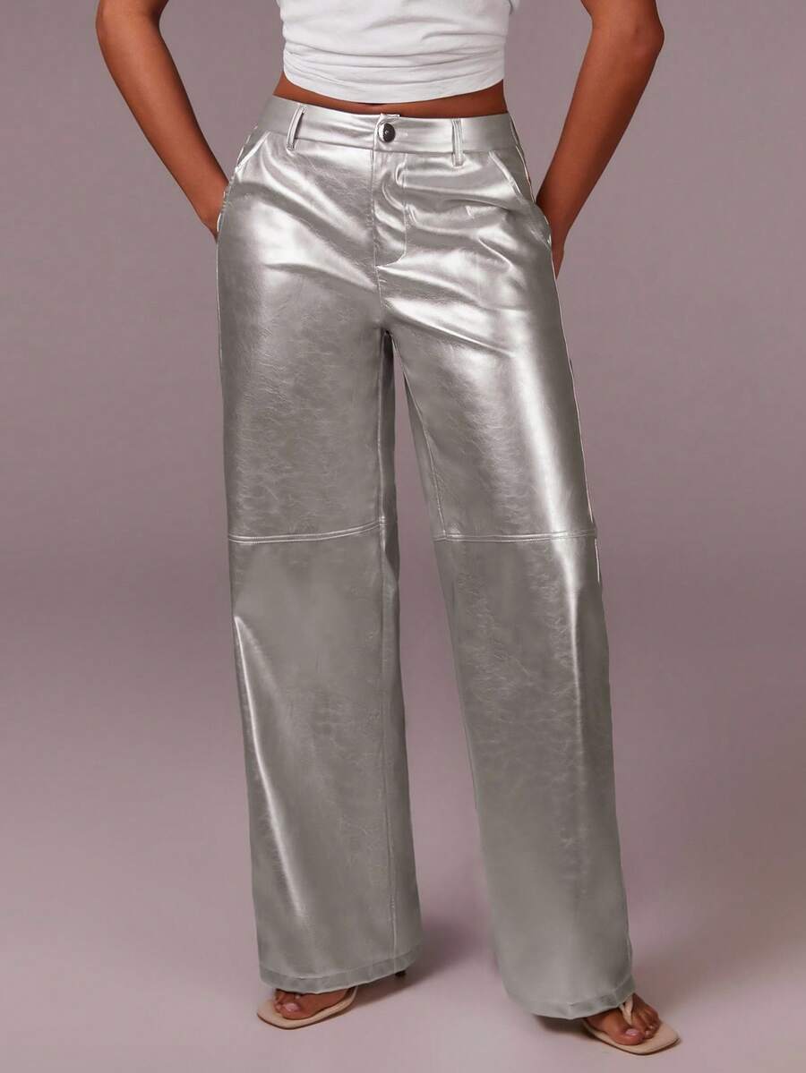 Athîral Pantaloni sport largi cu talie înaltă și buzunare argintii pentru femei