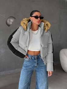 SHEIN Cream Faux Fur Hood Ribbed Hem Cropped Padded Coat, Padded Coat, Fashionable And Warm. - Light Grey - View 6