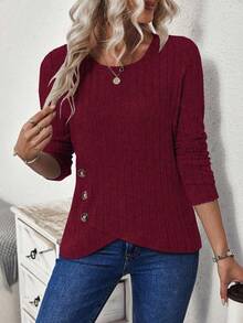 EMERY ROSE Women's Casual Solid Color Round Neck Fitted T-Shirts - Burgundy - View 4