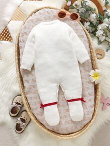 SHEIN Baby Girls Casual Cute White Embroidered Floral Knitted Sweater Jumpsuit Soft & Comfortable, Suitable For Daily, Outings, Travel, Vacation, Home, Daycare, Baby Girl Play, Christmas, Back To School, Parties Fall Winter