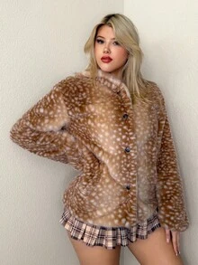 Sweetina Women's Autumn And Winter Warm Thermal Lined Retro Casual Sweet Cute Millennial Style Y2K Deer Pattern Brown Hooded Loose Fake Fur Coat,Fall