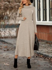 EMERY ROSE Women's Casual Solid Color Long Sleeve Dress, Autumn/Winter - Apricot - View 6