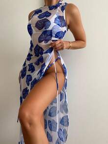 SHEIN Swim Summer Beach Random Tropical Halter Bikini Set & Cover Up - Blue and White - View 1