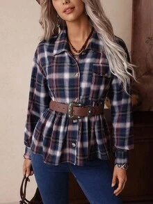 LanaWest Women's Multi-Color Plaid Traceable Fabric Lapel Button Single Pocket Design Loose Babydoll Hem Western Bohemian Casual Resort Style Street Fashion Thanksgiving Halloween Autumn/Winter New Essential Fashionable Long Sleeve Loose Thin Jacket - Multicolor - View 3