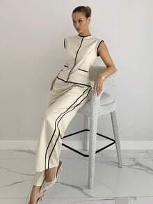 Siren Gaze Bộ 2 món áo vest viền tương phản thanh lịch đi làm cho nữ và quần ống rộng, mùa hè - Màu be - Xem 3