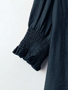 Linhara 加大码波西米亚风格七分袖荷叶边领优雅休闲亚麻混纺衬衫 - 藍色 - 查看 4