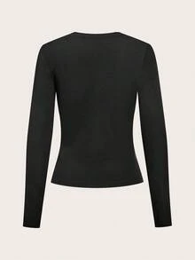 SHEIN EZwear 2 件女士休闲圆领长袖紧身长款 T 恤套装，百搭百搭，不同面料，适合秋冬季 - 黑色 - 查看 6