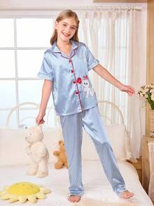SHEIN 女童仿丝条纹小猫印花开衫睡衣套装 - 藍白色 - 查看 5
