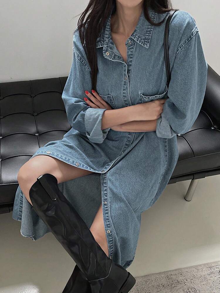 Women's Loose Denim Dress With Front Button Closure And Dropped Shoulder,Back To School Clothes Maxi Dress