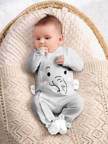 Loomiva Baby Boy Cozy Knitted Cute Animal Print Romper - Grey - View 6