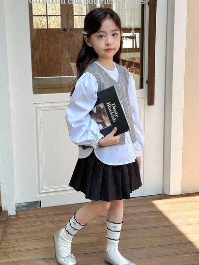 Genkimix Kids 三件套少女纯色泡泡袖衬衫、单排扣上衣和百褶迷你裙休闲套装