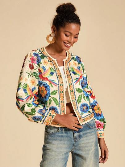Travachic Floral Print Casual Jacket With Open Front For Women, Vacation Wear,Fall Winter, New Year Look, Summer Jackets For Women, Thanksgiving, Casual,Tropical Vacation, Bohemian, Ibiza, Western Style
