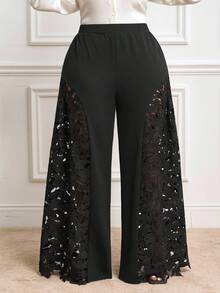 Veslaya Quần ống rộng phối ren dự tiệc thanh lịch mới 2025, Thu/Đông - màu đen - Xem 3