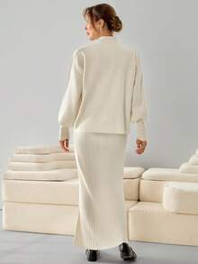 EURMUSE Women Knitwear Heart Detailed Appliques Sweater And Skirt Two Pieces Set - Beige - View 6