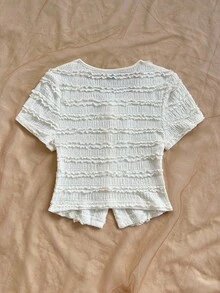 Soleia 女士度假针织白色纹理圆领开衫，精致蝴蝶结金属纽扣前开衩修身 T 恤衫，适合派对、狂欢节、下午茶 - 杏色 - 查看 2