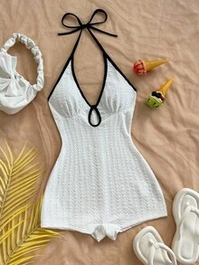 Soleia 女士休闲度假新款 V 领露背系带蝴蝶结镂空黑白撞色修身罗纹连体裤，适合派对、约会、下午茶、海滩 - 白色 - 查看 3