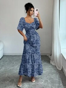 Elenzga Váy Maxi hoa hồng tay ngắn dự tiệc âm nhạc bãi biển mùa hè - Màu xanh lam - Xem 6