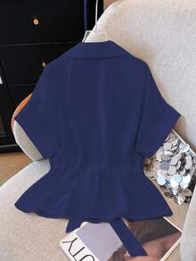 Franclia Damen V-Ausschnitt Reißverschluss Kordelzug Lässig Kurzarm Bluse - Königsblau - Übersicht 2