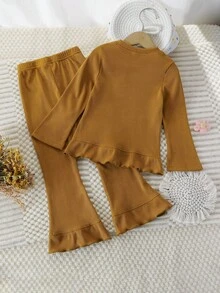 Elladie kids 2pcs/Set Girls Sweet Ribbed 3D Floral Crew Neck Long Sleeve Top And Flare Pants Set Fall Winter