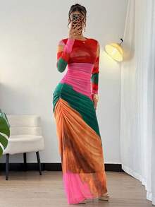 Chiquease Women's Tie-Dye Pleated Dress Maxi Women Outfit Fall Cloth For Women