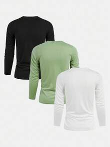 SHEIN 3件套青少年男童学院风字母印花长袖T恤，休闲舒适，时尚百搭，面料柔软，适合日常穿着、上学、郊游、户外活动、秋冬季节，返校季男童时尚长袖上衣，纽约童装衬衫