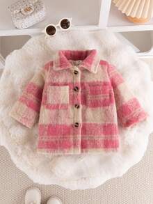 SHEIN 1pc Infant Girl's Fashionable Minimalist College Style Rose Red Plaid Lapel Long Sleeve Jacket, Suitable For Daily School Wear, Spring/Autumn Fall Winter - Multicolor - View 6