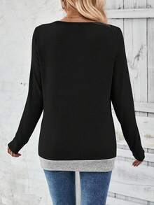 EMERY ROSE Tricou casual cu mânecă lungă, blocuri de culoare, pentru femei, toamnă - Negru - Vizualizare 2