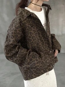 FRIFUL 女式豹纹宽松休闲牛仔夹克和外套秋冬