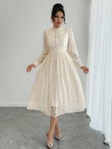 DAZY Sukienka z długim rękawem w stylu francuskim z koronką, nowa, ekskluzywna sukienka midi z marszczeniami w talii na jesień/zimę