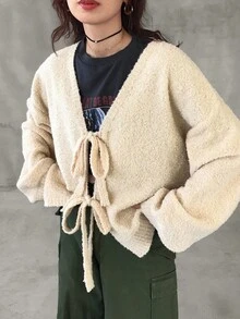 FRIFUL 女士纯色杏色系带宽松休闲开衫，适合秋季穿着 - 米色 - 查看 3