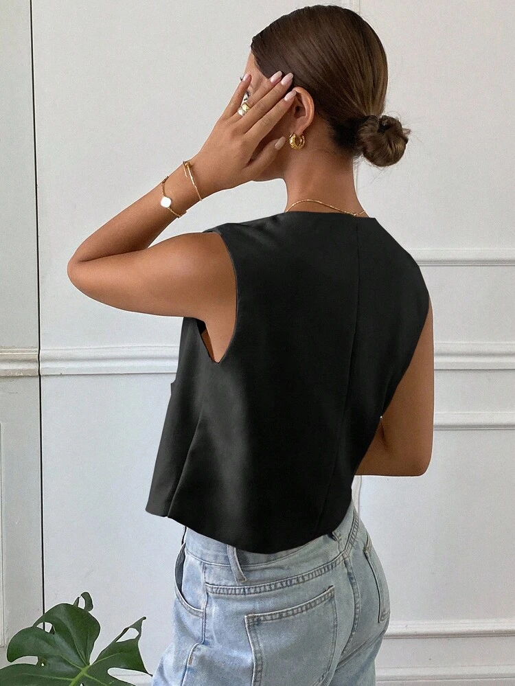 Solid Color Crew Neck Sleeveless Fitted Women Jacket,Fall Clothes