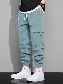 Claim Dot Loose Fit Men's Cartoon Printed Flap Pocket Cargo Pants - Baby Blue - View 3