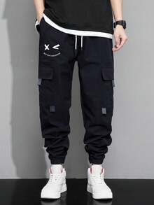 Claim Dot Loose-Fit Men's Flip Pocket Cargo Pants With Cartoon Print, For Fall - Navy Blue - View 5