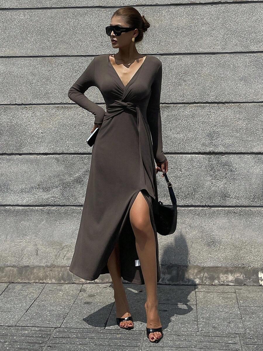 Livesso Vestido elegante de manga larga con cuello en V, cintura ajustada, nudo retorcido y bajo dividido, forrado térmico de unicolor, adecuado para eventos formales en otoño/invierno