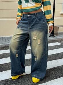 SHEIN ICON 大码女式春秋宽松洗水做旧阔腿宽松男友风牛仔裤 - 藍色 - 查看 4