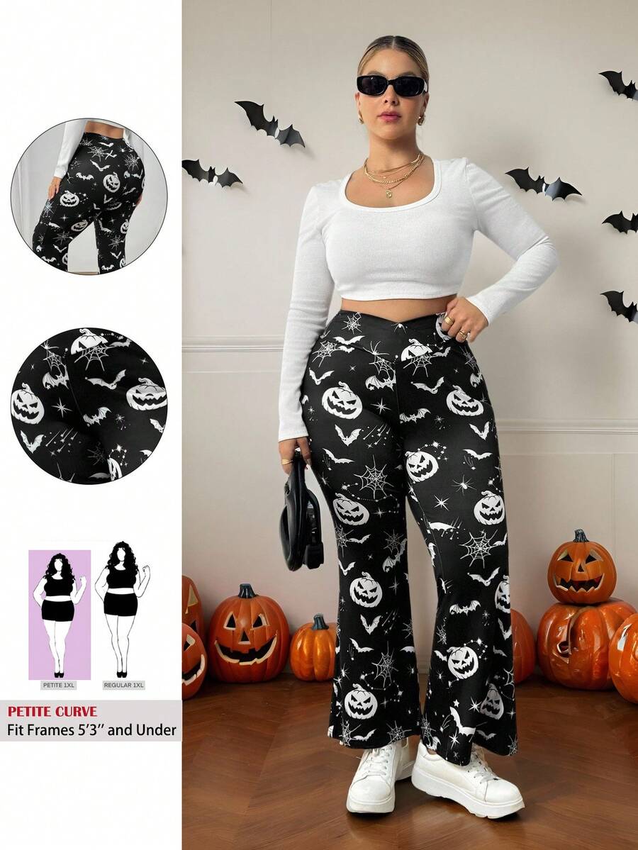 SHEIN PETITE CURVE Plus Size Women's High-Waisted Cross Design Flared Leggings, Suitable For Halloween Halloween Pants