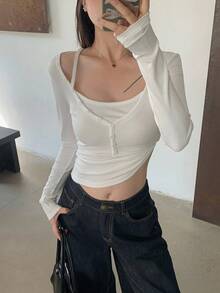 DAZY 女式纯色纽扣前长袖修身休闲 T 恤，秋季，返校服装学院风上衣，秋季女装 - 白色 - 查看 5