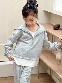 Genkimix Kids Set de 2 piezas: Sudadera con decoración de cuello marinero y bloques de color + Pantalones rectos lisos informales - Gris - Ver 5