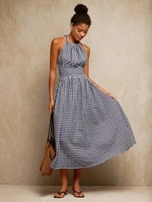 Travachic 女士度假梭织格子中长连衣裙 - 藍白色 - 查看 5
