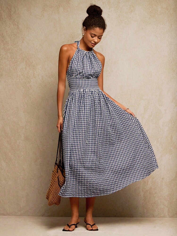 Travachic Váy dài ngang gối kẻ caro dệt họa tiết du lịch dành cho nữ - Xanh và trắng - Xem 5