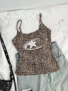 Attitoon 女士休闲性感豹纹五角星图案可爱吊带背心，适合夏季