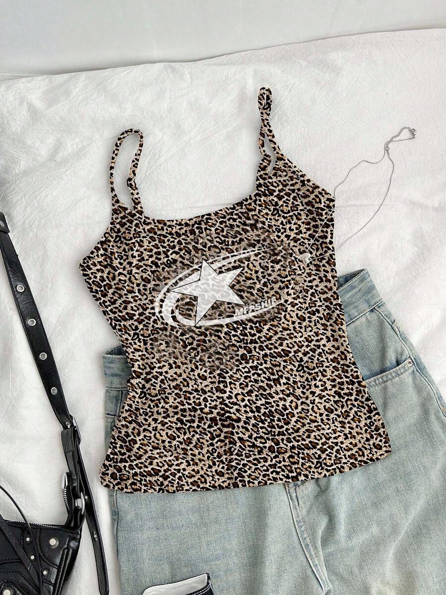 Attitoon 女士休闲性感豹纹五角星图案可爱吊带背心，适合夏季