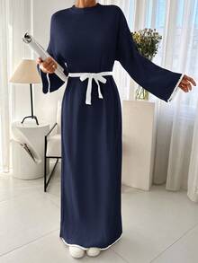 EURMUSE Pullover Sweater Dress Hem And Sleeve Detail+ 478 - Navy Blue - View 1