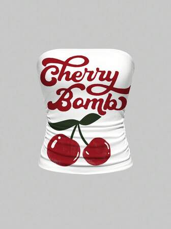 Kawaii Top corto a fascia arricciato con stampa di ciliegie per donne