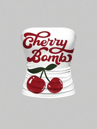 Kawaii Top corto con volantes y estampado de cerezas para mujeres